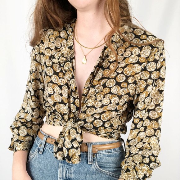 Stunning Vintage Oversized Archaeology Ancient Coin Print Button Up Blouse Shirt - Picture 6 of 6